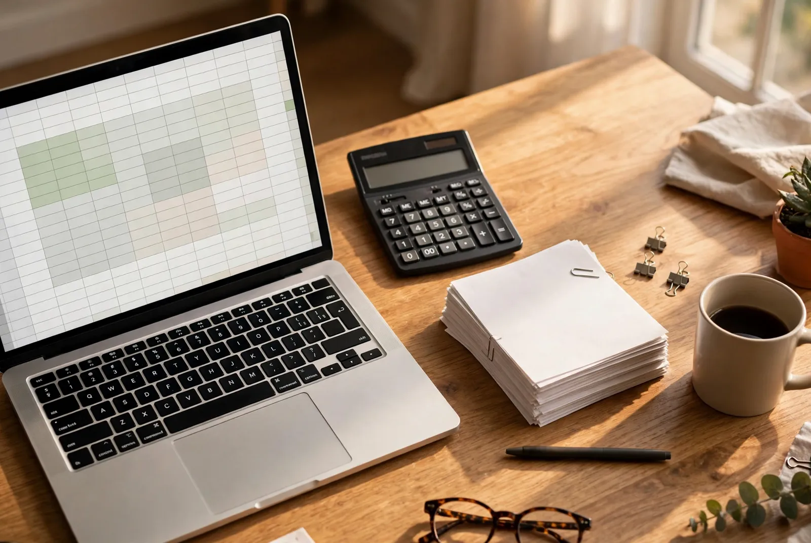 Small business desk with laptop, calculator and paperwork